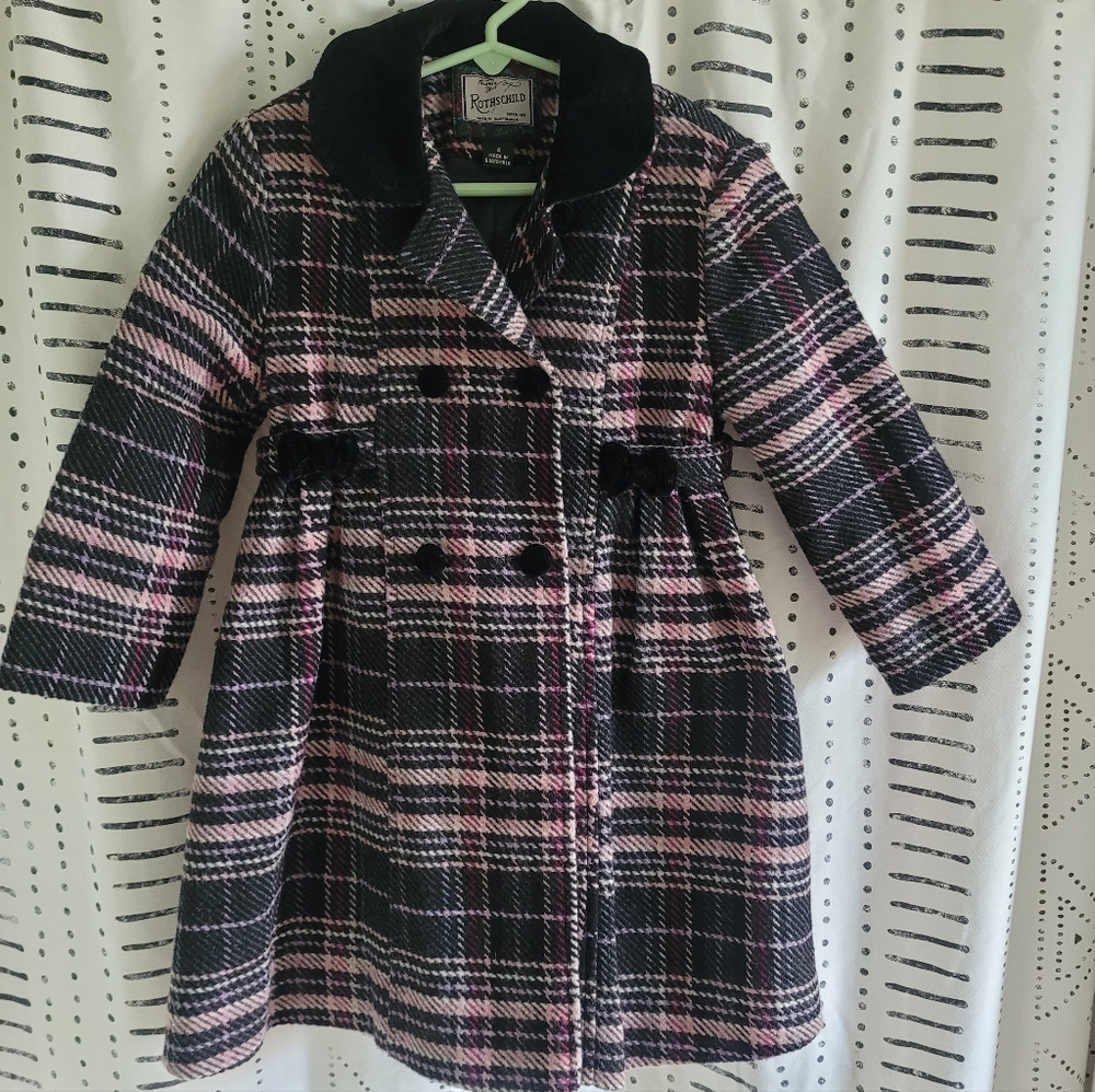 Rothschild Girl's Wool Dress Pea Coat Pink Black Gray Velvet Plaid Size 4
